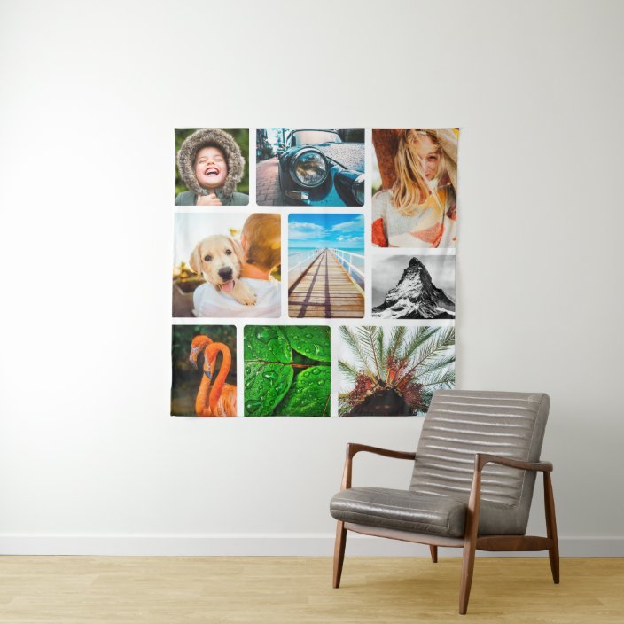 Personalized 9 Photo Collage Template Framed White Tapestry