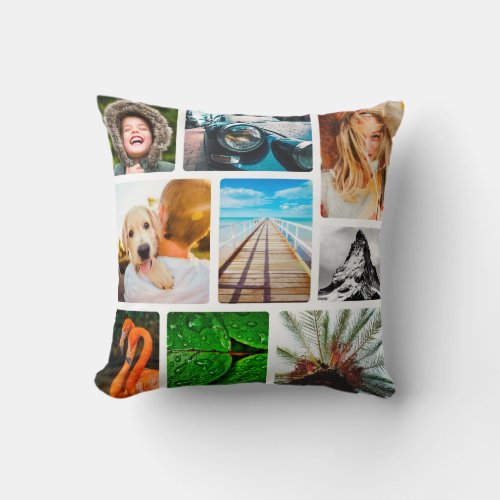 Personalized 9 Photo Collage Template Framed White Throw Pillow
