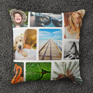Personalized 9 Photo Collage Template Framed White Throw Pillow