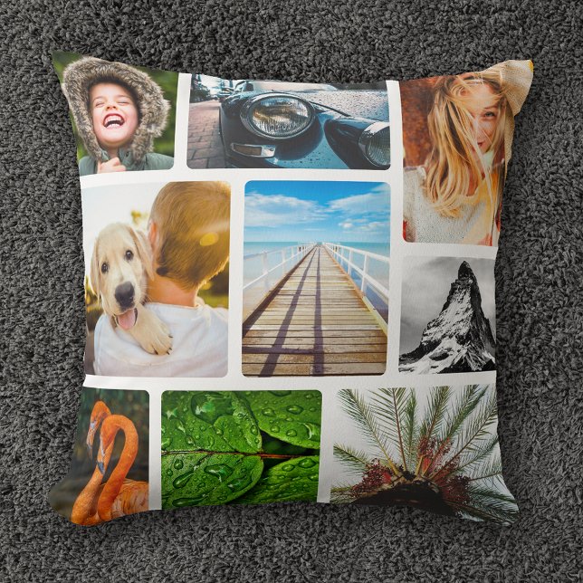 Personalized 9 Photo Collage Template Framed White Throw Pillow (Creator Uploaded)