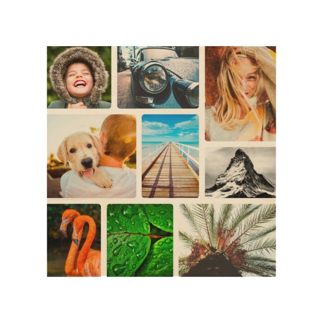 Personalized 9 Photo Collage Template Framed Wood Wall Art (Front)