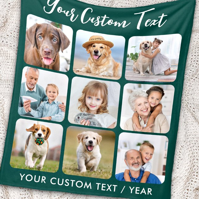 Personalized 9 Photo Collage Trendy Emerald Green Fleece Blanket (Creator Uploaded)