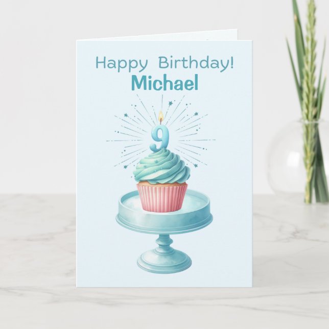 Personalized 9th Birthday Cupcake Card (Front)