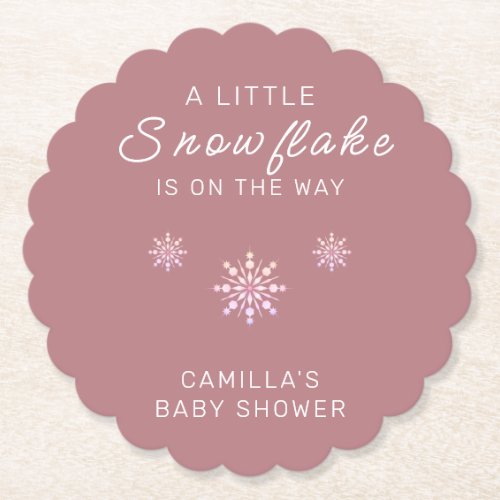 Personalized A Little Snowflake is On the Way Pink Paper Coaster