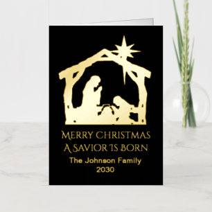 Personalized A Savior Is Born Nativity Scene Gold Foil Holiday Card