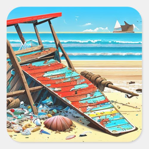 Personalized Abandoned Beach  Lifeguard Chair Square Sticker