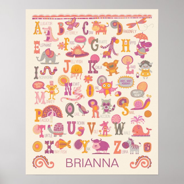 Personalized ABC Animal Alphabet Girl Poster (Front)