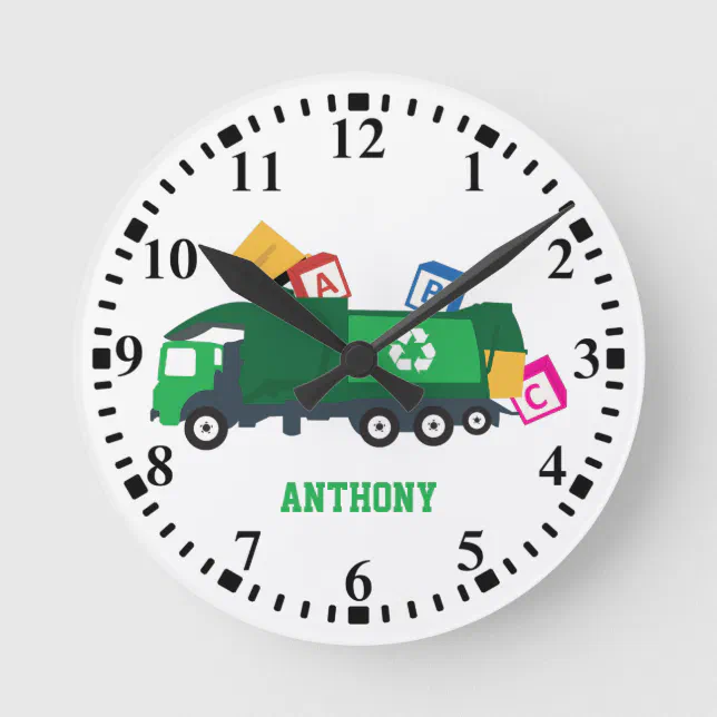 Personalized ABC Recycling Garbage Truck Round Clock | Zazzle