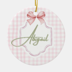 Personalized Abigail Baby Girl Nursery Bow&Gingham Ceramic Ornament