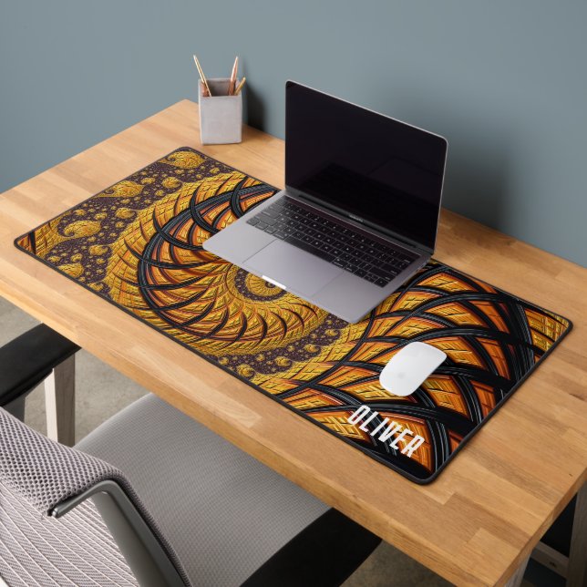 Personalized Abstract Black Gold Spiral Fractal Desk Mat (Office 2)