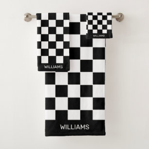 Personalized Abstract Black & White Checkered Bath Towel Set