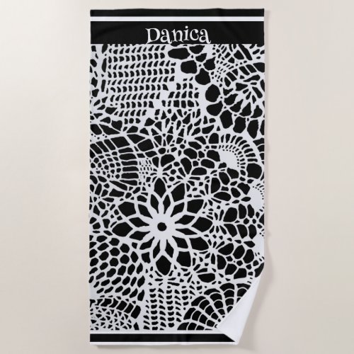Personalized Abstract Black  White Crochet Effect Beach Towel