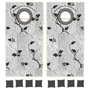Personalized Abstract Black & White Florals Cornhole Set