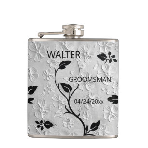 Personalized Abstract Black & White Florals Flask