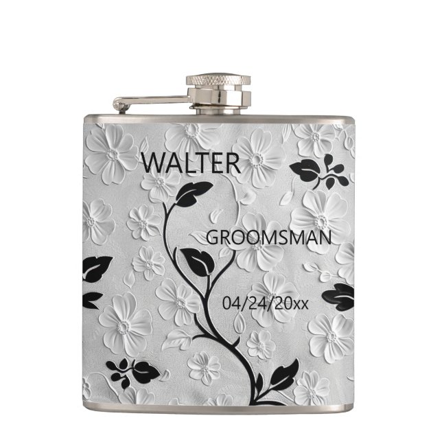 Personalized Abstract Black & White Florals Flask (Front)
