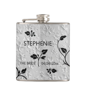 Personalized Abstract Black & White Florals Flask