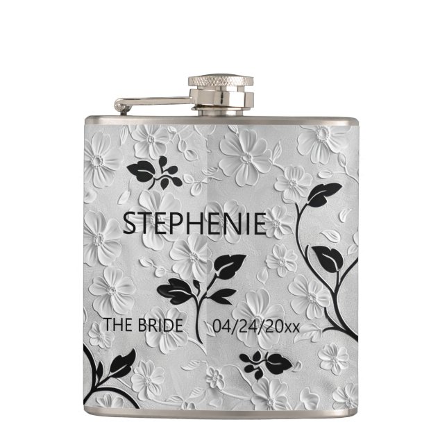 Personalized Abstract Black & White Florals Flask (Front)