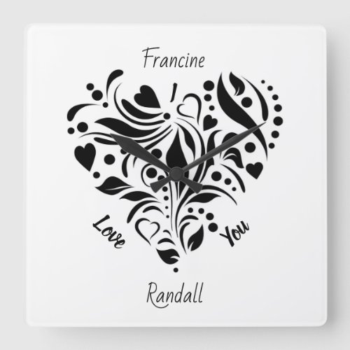 Personalized Abstract Black  White Heart Design  Square Wall Clock