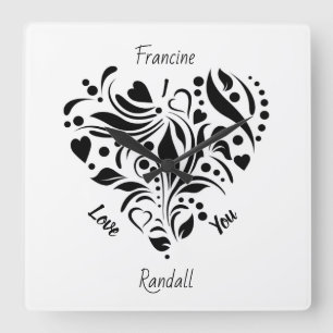 Personalized Abstract Black & White Heart Design  Square Wall Clock