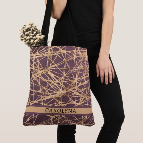 Personalized Abstract Faux Gold Threads on Maroon Tote Bag