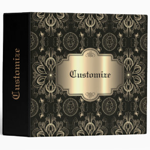 Personalized Abstract Floral Black And Gold   3 Ring Binder