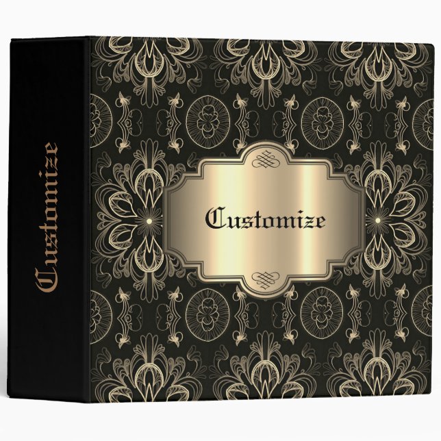 Personalized Abstract Floral Black And Gold   3 Ring Binder (Front/Spine)