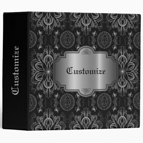 Personalized Abstract Floral Black And Silver 3 Ring Binder