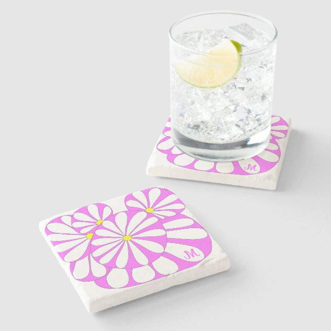Personalized Abstract Floral Design in Pink | Stone Coaster (Side)