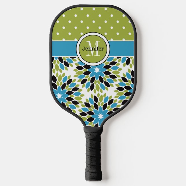 Personalized Abstract Floral, Polka Dots, Monogram Pickleball Paddle (Front)