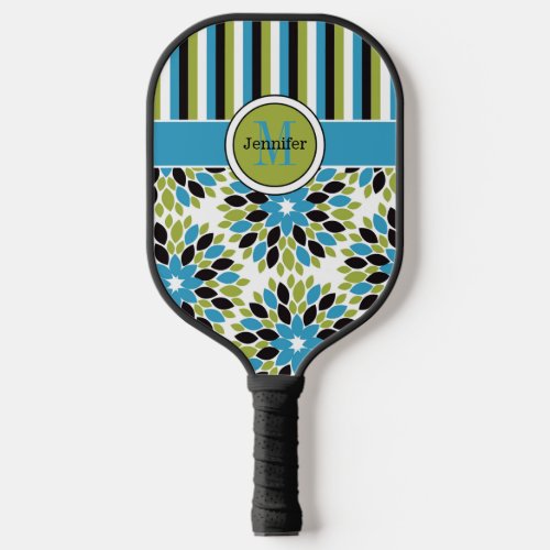 Personalized Abstract Floral Stripes Monogrammed Pickleball Paddle