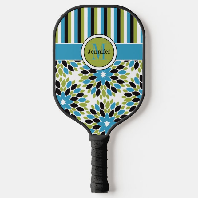Personalized Abstract Floral, Stripes, Monogrammed Pickleball Paddle (Front)
