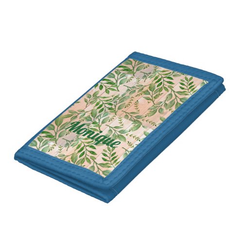 Personalized Abstract Greenery on Faux Wood Trifold Wallet