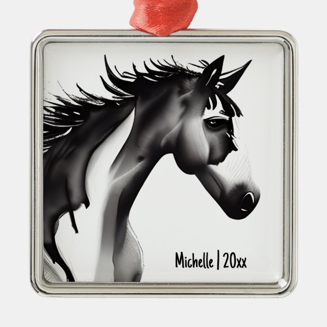  Personalized Abstract Horse Black/White Christmas Metal Ornament (Front)