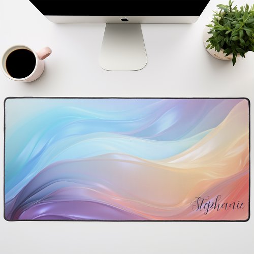 Personalized Abstract Iridescent Waves Pastel Desk Mat