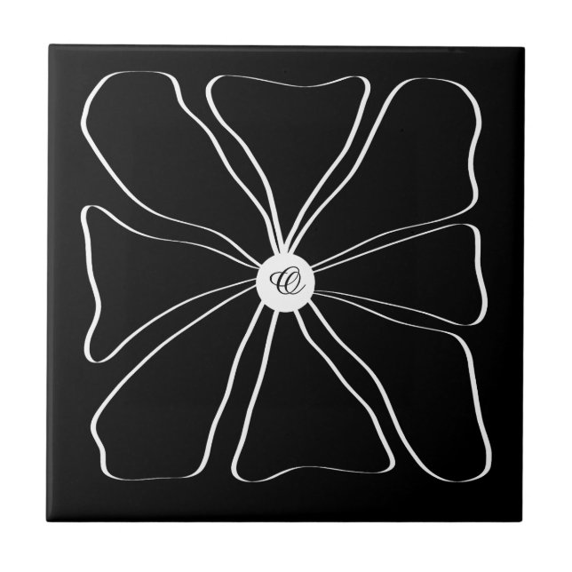 Personalized Abstract Modern Flower White Black Ceramic Tile (Front)