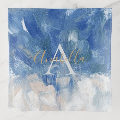 Personalized Abstract Ocean Acrylic Brushstrokes  Trinket Tray