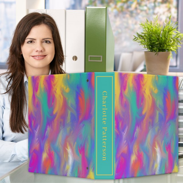 Personalized Abstract Paint Pink Purple Teal 3 Ring Binder (Modern abstract swash paint custom name binder in bright colors)