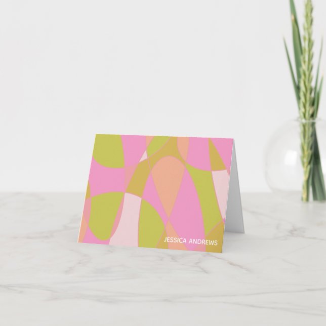 Personalized Abstract Pink Green Modern Geometric Note Card (Front)