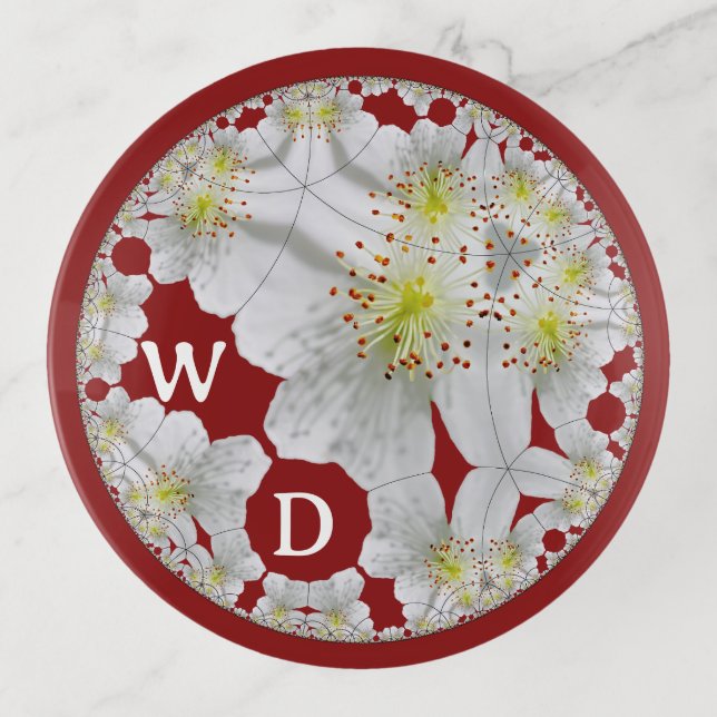 Personalized Abstract White Floral on Burgundy Red Trinket Tray (Front)
