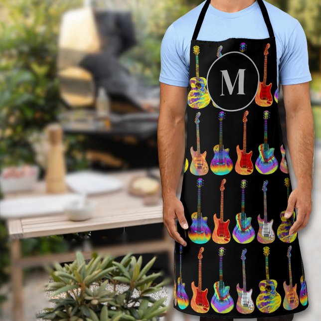 Personalized Acoustic Electric Guitars Monogram Apron (Modern Personalized colorful guitar art monogram apron for him psychedelic acoustic electric guitars)