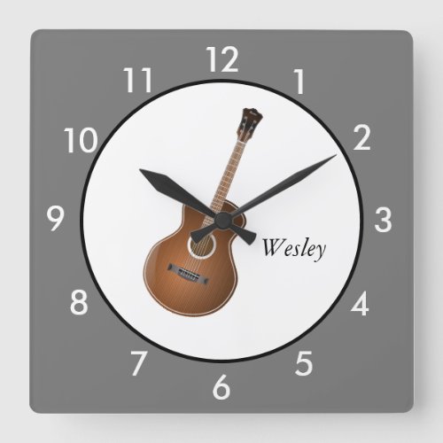Personalized Acoustic Guitar Gray Square Wall Clock