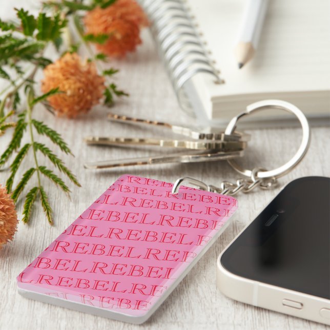 Personalized Acrylic Keyring- REBEL Pink and Red Keychain (Front Right)