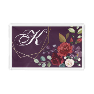 Personalized Acrylic Tray Plum Purple Roses Gold G