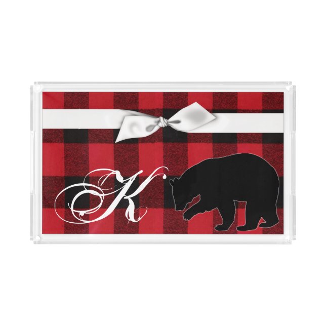 Personalized Acrylic Tray Red Buffalo Plaid Bear (Front)