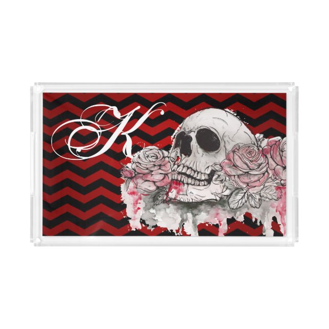 Personalized Acrylic Tray  skull Rose goth Chevron (Front)