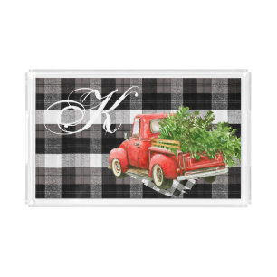 Personalized Acrylic Tray XMAS Truck Baffalo Plaid