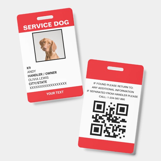 Personalized Ada Card Service Dog Photo ID  Badge (Front & Back)