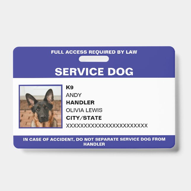 Personalized Ada Card Service Dog Photo ID Badge (Front)