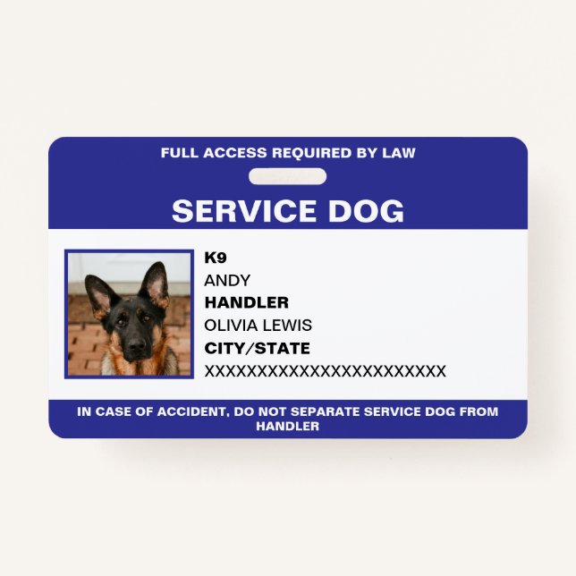 Personalized Ada Card Service Dog Photo ID Badge (Front)