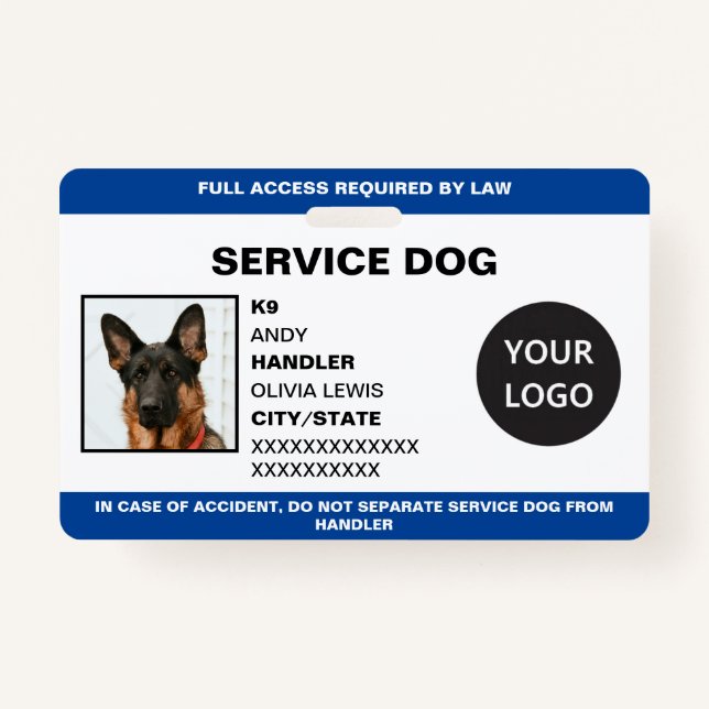 Personalized Ada Card Service Dog Photo ID Badge (Front)